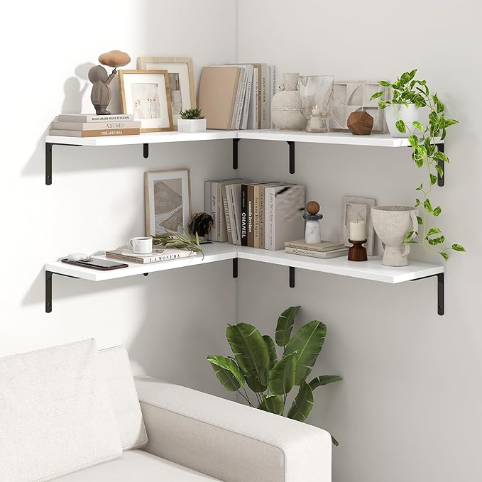 Fun Memories Deep Floating Shelves, 32W x 8D Floating Shelves Set of 2, Wall Mounted Shelf with Metal Brackets, Rustic Wood Wall Shelf for Bathroom, Kitchen and Living Room, White-NeatNest