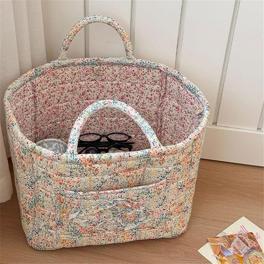 Boho Fabric Storage Basket Quilted Floral Print Baskets Organizer Bin with Handles for Home, Picnic, Shopping (Blue, L)-NeatNest