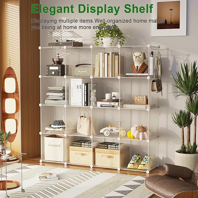 C&AHOME Cube Storage Organizer, 16-Cube Shelves Units, Plastic Storage Cubes, DIY Closet Organizer, Modular Closet Storage Shelf Ideal for Home, 48.4" L × 12.4" W × 48.4" H Transparent Twill UPCS16T