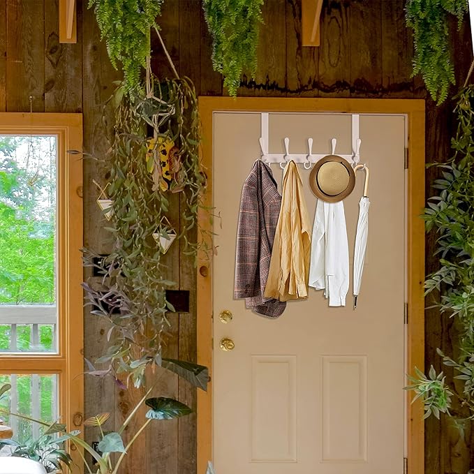 WEBI Over The Door Hooks Door Hanger Hook Rack with 5 Tri Hooks for Hanging,Over The Door Towel Rack Towel Hanger Door Coat Hanger Over Door Coat Rack Behind Back of Bathroom,White