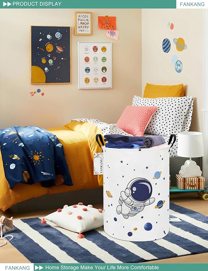 FANKANG Storage Basket, Nursery Hamper Canvas Laundry Basket Foldable with Waterproof PE Coating Large Storage Baskets for Kids Boys and Girls, Office, Bedroom, Clothes,Toys(Astronaut)