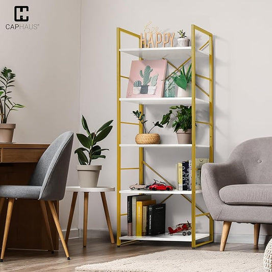 CAPHAUS 5 Tier Bookshelf, 24 Inch Width Free Standing Shelf, Bookcase Shelf Storage Organizer, Industrial Book Shelves for Home Office, Living Room, Kitchen, White Wooden Shelves & Gold Frame-NeatNest