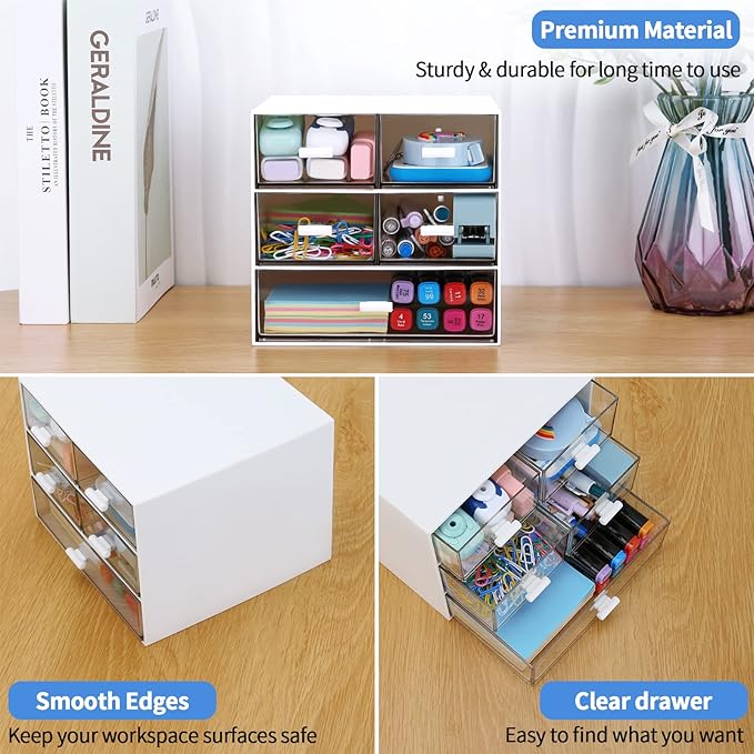 Desk Organizer with 5 Drawers, Rectangular Office Stationery Supplies Desktop Drawers, Plastic Makeup Storage, Suitable for Office, School, Home (White & 5 Drawers)-NeatNest