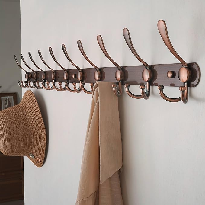 Dseap Coat Rack Wall Mount - 38” Long 10-Tri-Hooks Heavy Duty Coat Hanger Rail Wall Hooks for Hanging Coats Hats Clothing Clothes Purse Mudroom Entryway, Antique Copper, Pack of 2-NeatNest