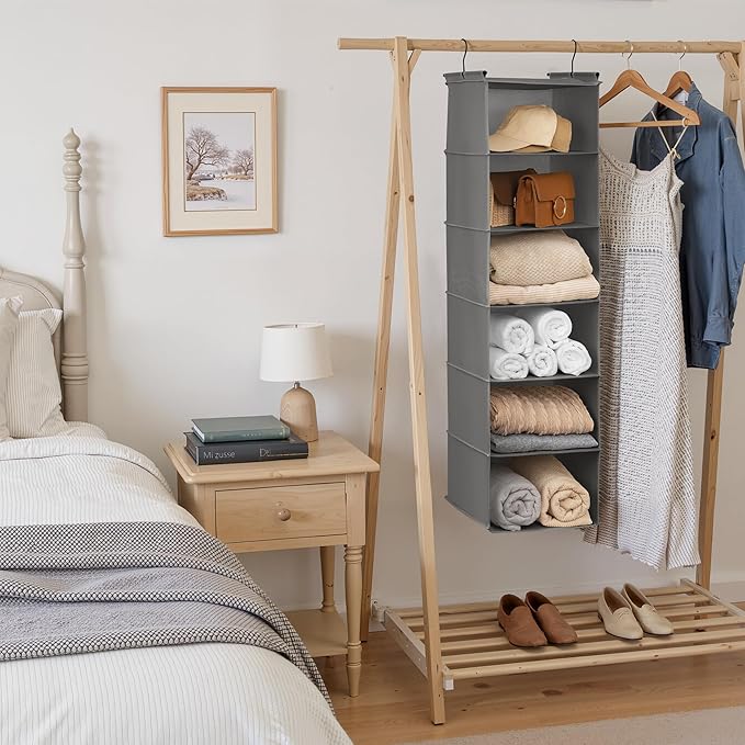 GRANNY SAYS 6 Shelf Hanging Closet Organizers and Storage, Collapsible Closet Hanging Organizer with 2 Sturdy Hooks, Large Hanging Shelves for Closet, Bedroom, Dark Gray-NeatNest