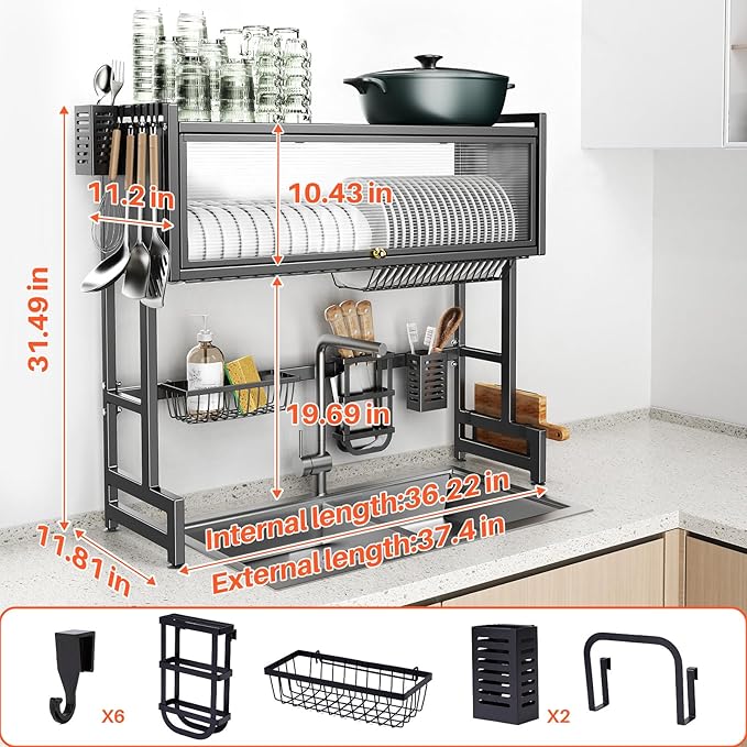 Over The Sink Dish Drainer Drying Rack 3 Tiers with Cover, Keep Kitchen Sink Shlef Organized Space-Saving Dish Drying Rack, Large Stainless Steel Sink Dish Rack for Dishes, Bowls, Cutlery (37.4"w)
