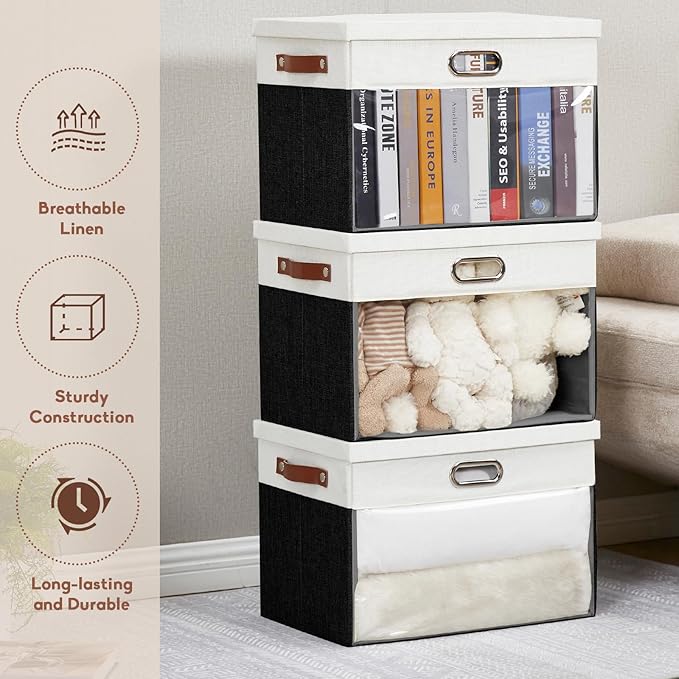 Fabric Clear Window Storage Bins with Lid, Closet Storage Box Linen Closet Baskets with 3 Handles for Organizing Clothing, Jeans, Shelves 17''- 3 Pack (Black and White)