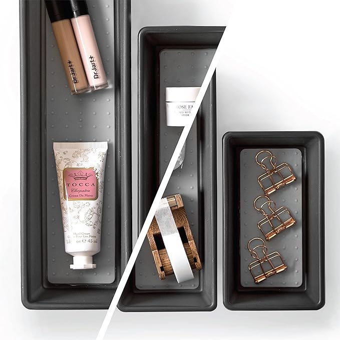 BINO | 3-Piece Drawer Organizer Bin Set, Small - Grey | THE MODULAR | Multi-Purpose Storage | Soft-Grip Lining and Non-Slip Rubber Feet | Durable | BPA-Free | Desk Drawer Organizer | Vanity Organizer-NeatNest