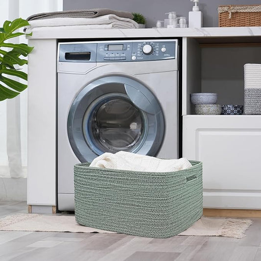 COMFY-HOMI Cotton Rope Woven Basket with Handles for Shelves,Toys,Book, Cloth Storage Baskets for Organizing-17" x 13" x 7.5" Toy Decorative Organizer for Living Room, Bathroom (Green)-NeatNest