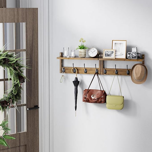 Coat Rack with Shelf Wall Mount, Entryway Bamboo Hanging Shelf, Set of 2, Wall Hook Rail for Hallway Décor, Storage Clothe, Hat, Robe, Key, Dog Leash (Walnut)-NeatNest