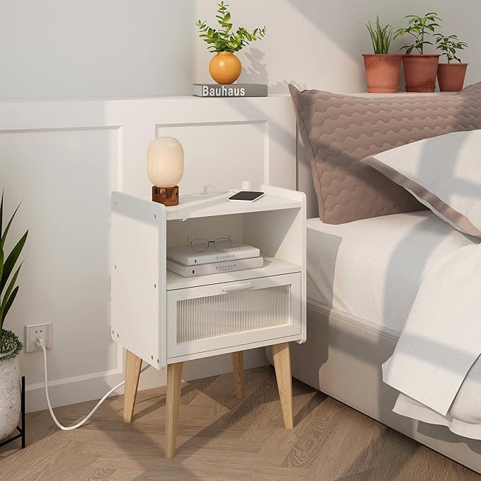 Nightstand with Charging Station, Bedside Tables, End Table Side Table with 2 Tiers Storage Space, for Bedroom, Living Room, White MLBZ07WE-2