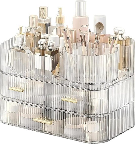 DASITON Makeup Organizer with Drawers and Rotating Makeup Brush Holder,Large Capacity Stackable Cosmetic Organizer Countertop,Bathroom Organizers and Storage,Make up Organizers for Vanity (Clear 03)-NeatNest