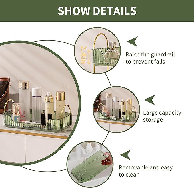 Bathroom Counter Organizer, Green, 11.8" L X 6.7" W X 4.5" H, Stainless Steel, PET, Modern Metal Handles, Smooth Edges, Large Capacity, Minimalist Design, Ideal Gift-NeatNest