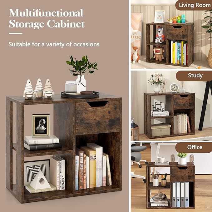 Giantex 3 Cube Bookcase with Drawer, 2 Tier Bookshelf for Small Space, Modern Freestanding Display Rack with Open Shelves, Book Case, Wood Cube Storage Organizer Bedroom Living Room, Rustic Brown
