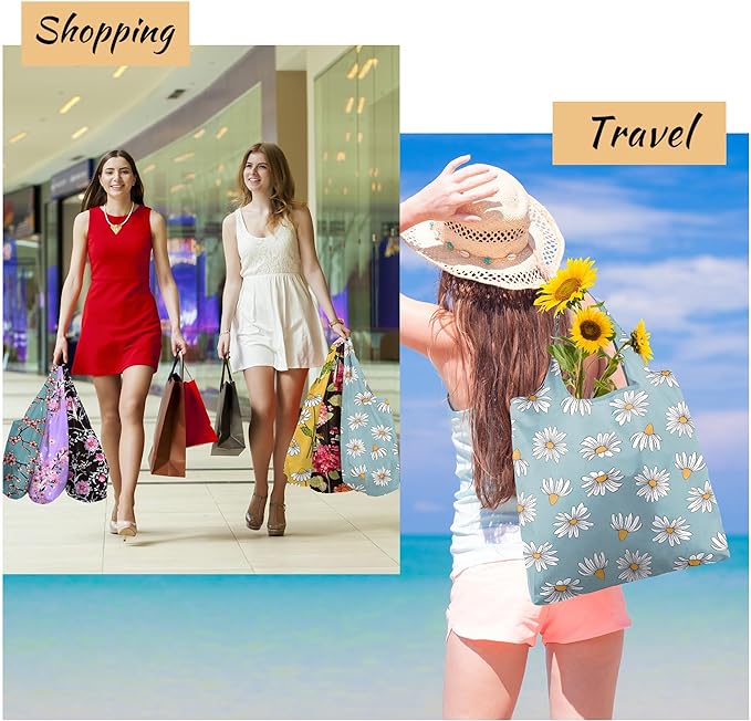 BeeGreen Reusable Gift Bags Floral Reusable Grocery Bags - Large Capacity 6 Pack Bulk Foldable Tote Bag - Recycled Ripstop Polyester Machine Washable Bags With Handles for Women Shopping-NeatNest