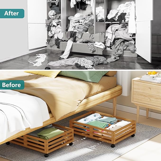 Bamboo Under Bed Storage Containers- Underbed Organizer with Wheels with Large Dust Bag,Sturdy Wood Rolling Under the Bed Shoe Storage Organizer Drawer 2 Packs (Walnut, Small)-NeatNest