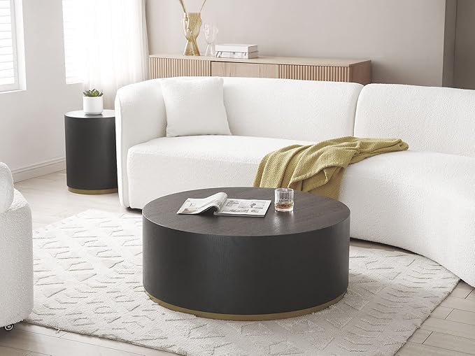 kevinplus Black Side Table End Table for Living Room, Bottom Gold Rim Design, Black & Gold (ø15.6'' x 19.5'')