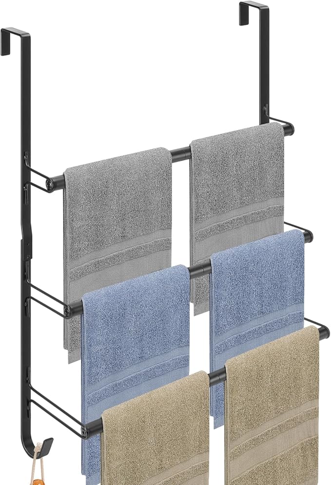 Livabber 3-Tier Over The Door Towel Rack, All Metal Towel Rack with Hooks for Door Hanging, Behind Door Towel Bar Towel Storage Holder for Bathroom Accessories, 19.37" L x 5.9" Wx 24.4" H(Black)