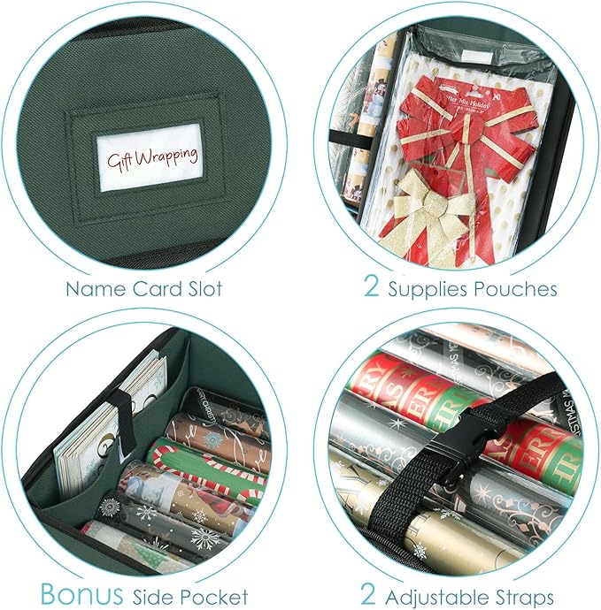 Hearth & Harbor Wrapping Paper Storage Container and Clear Wrap Paper Holder - Christmas Storage Bag with Interior Pockets - Fits Up to 36 Rolls of 40" - Tear Proof, Green-NeatNest