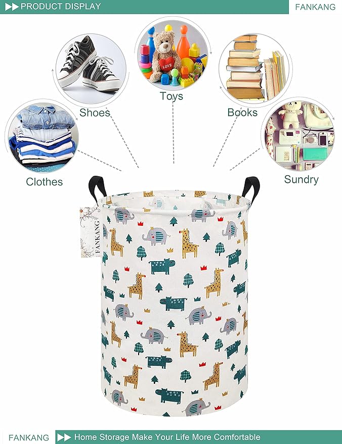 FANKANG Storage Basket, Nursery Hamper Canvas Laundry Basket Foldable with Waterproof PE Coating Large Storage Baskets for Kids Boys and Girls, Office, Bedroom, Clothes,Toys(Froest animals)