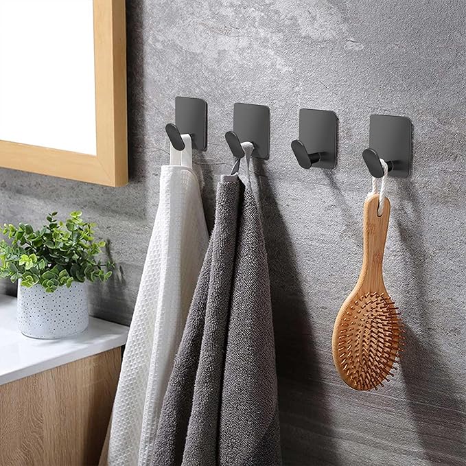 Adhesive Hooks - 4 Pack Towel/Wall Hooks for Hanging Coat, Hat,Towel Robe, Heavy Duty Hooks Stick on Kitchen or Bathroom (Matte Black, Waterproof, Stainless Steel)
