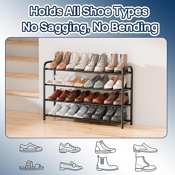 ENJOYBASICS Expandable Shoe Rack, 4 Tier Adjustable Shoe Organizer Shelf for Closet, Black Metal Free Standing Shoe Rack Storage for Small Space, Entryway-NeatNest