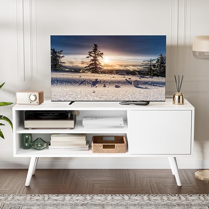 Cozy Castle TV Stand for 48 Inch TV, Mid Century Modern Entertainment Center with Storage Cabinet, TV Media Console with Charging Station for Living Room, Bedroom, White-NeatNest