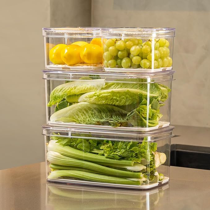 Felli Duo Fresh Veggie Keeper Bin with Vent + Drain Trays, RECTANGLE Fridge Vegetable Fruit Container for LONG & LARGE Produce Storage Lettuce Cabbage Celery Cucumber Organizer for Refrigerator