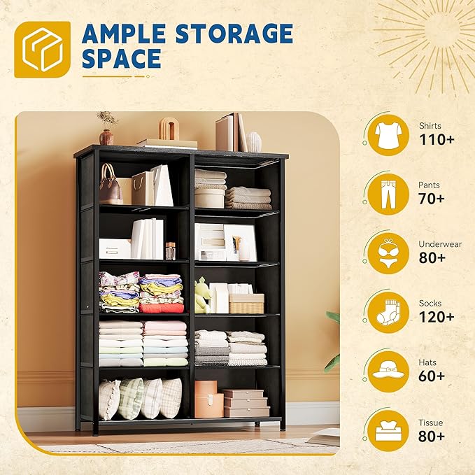 DWVO 10 Drawer Dresser - Fabric Storage Tower, Organizer Unit for Bedroom, Living Room, Hallway, Closets - Sturdy Steel Frame, Wooden Top & Easy Pull Fabric Bins-NeatNest