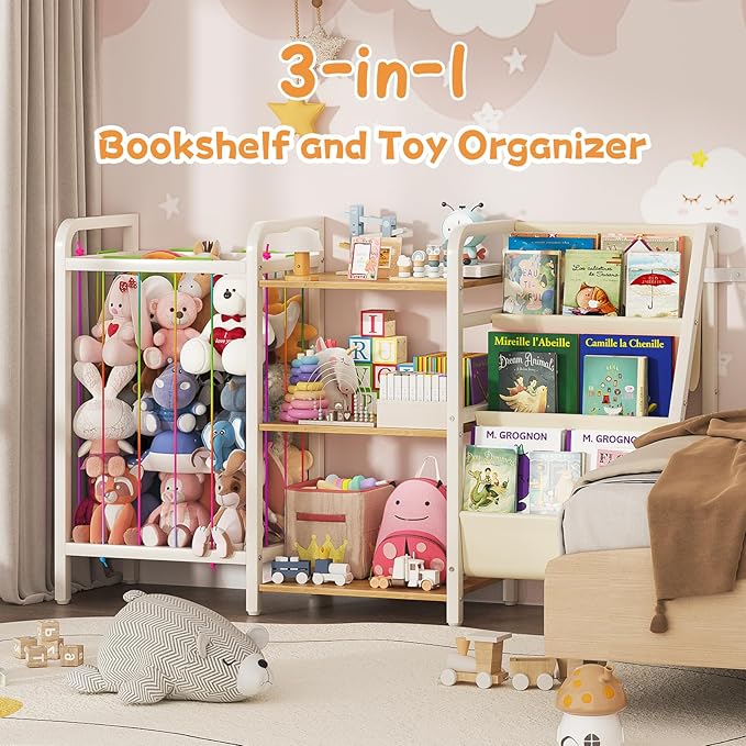 B1 Kids Bookshelf and Toy Storage, 3-Tier Book Shelf for Kids Rooms, Sling Baby Bookcase with Stuffed Animal Storage, Montessori Toddler Bookshelf for Nursery, Bedroom, Playroom Burlywood
