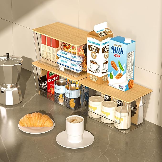 2 Set Pantry Organizers and Storage - Kitchen Organizer with Bamboo Lid for Fruit, Onion, Potato, Vegetable - Clear Stackable Bins for Kitchen Cabinet, Refrigerator, Home Organization