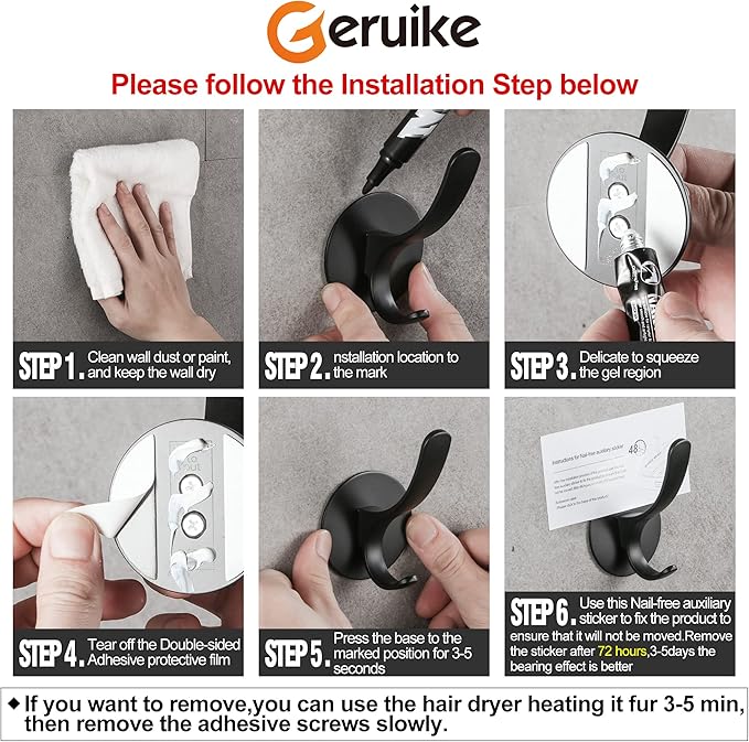 GERUIKE Adhesive Towel Hooks 2 Pack,Matte Black 304 Stainless Steel Hand Towel Hooks for Bathroom Kitchen Wall Mounted Adhesive Coat Robe Clothes Door Hook