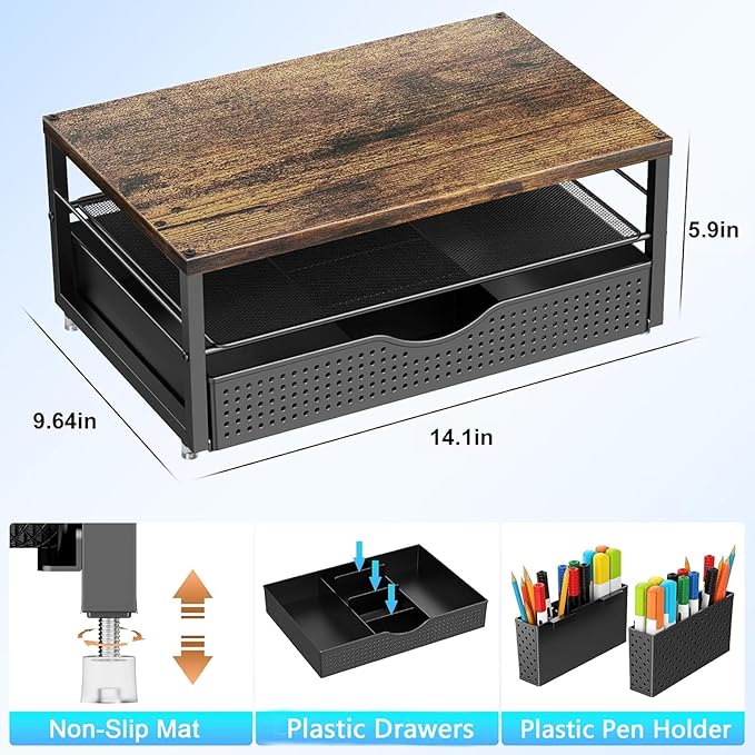 gianotter Wood Monitor Stand Riser, Office Desk Shelf Organizer, Desk Organizer with Drawer and Pen Holder, 2-Tier Computer Stand, Office Organization (Wood)-NeatNest