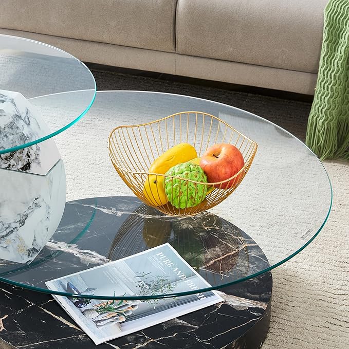 Glass Coffee Tables Round Coffee Tables for Living Room Modern 3 Tier Round Table Circle Coffee Table for Small Space Home Office (42 Inch White+Black)
