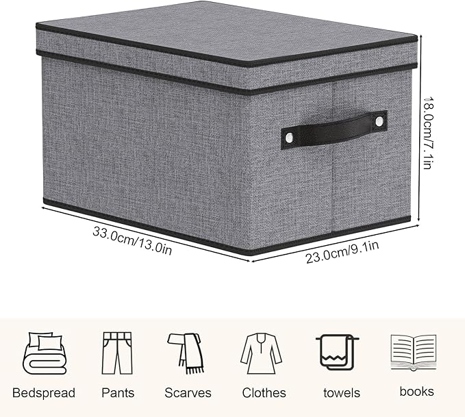 Fabric Storage Boxes, 7.1 x 9.1 x 13 Inch Baskets for Shelves with Lids, Wardrobe Organiser with Handles, Decorative Linen Closet Organizer Bins, Gray, 1 Pack-NeatNest