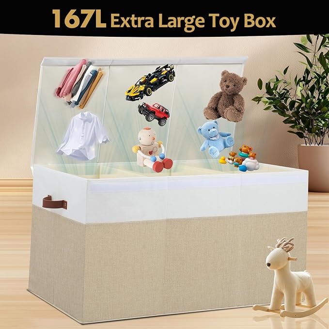 Extra Large Toy Storage Box with Lid, Sturdy Toys Storage Chest Bin Organizer Basket with Dividers for Kids, Boys, Girls, Nursery, Closet, Bedroom, Playroom 35.5"x17" x17" (Beige and White)-NeatNest