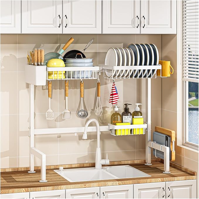 YKLSLH Over Sink Dish Rack - Extensible Large Drying Rack, Suitable for Most Sinks (24.8"-35.4"), Adjustable Metal Rack, Space Saving, White
