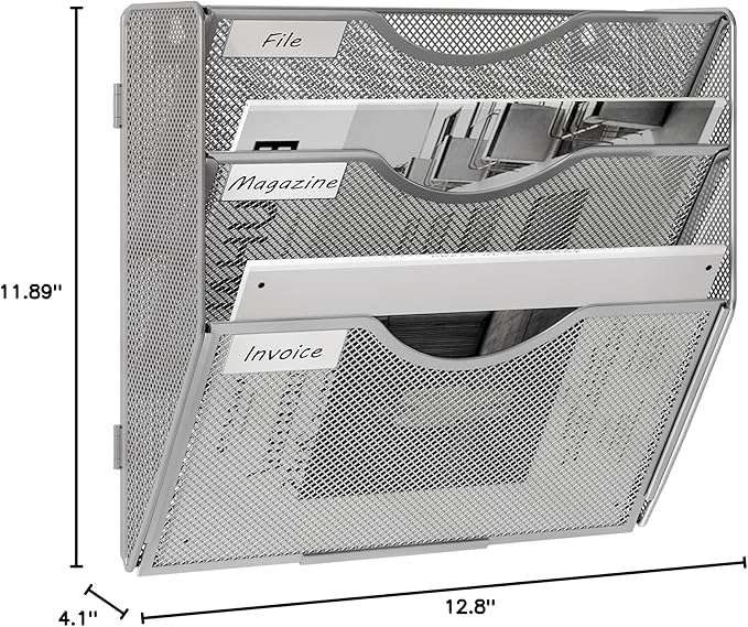 EasyPAG 3 Pocket Wall File Organizer, Silver | Metal Mesh Wall Mounted File Holder | Assembly Hanging Mail Organizer | Replaceable Classify Labels | Office Home Letter Size Paper Storage