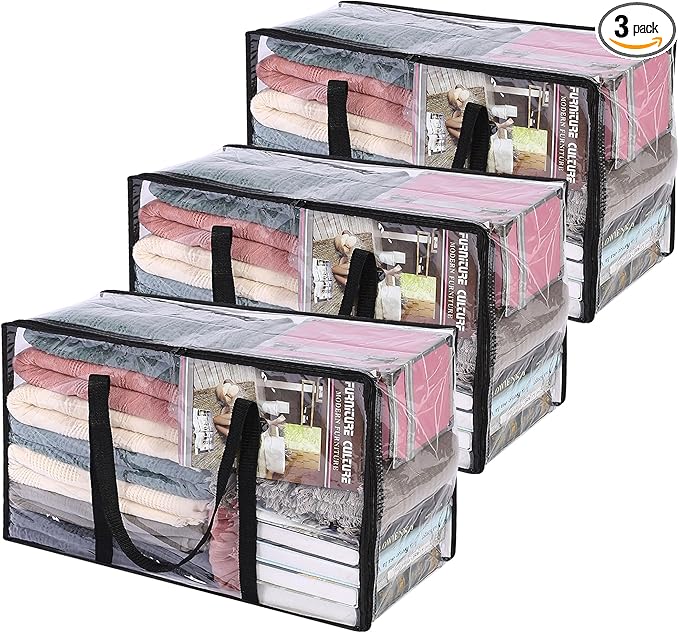 Vieshful 3 Pack Clear Comforter Storage Bag, 60L Clothes Storage Bag with Zipper Closet Organizer, Plastic Storage Containers Moving bags for Comforter, Blanket, Bedding, Duvet, Toys-NeatNest