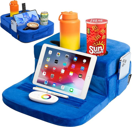 Couch Cup Holder Tray Pillow - Bed, Couch Caddy, Sofa, RV & Car - Holds Drinks, Snacks, Remotes, Phones, Kindle, Tablet | Bed Cup Holder (Blue)-NeatNest