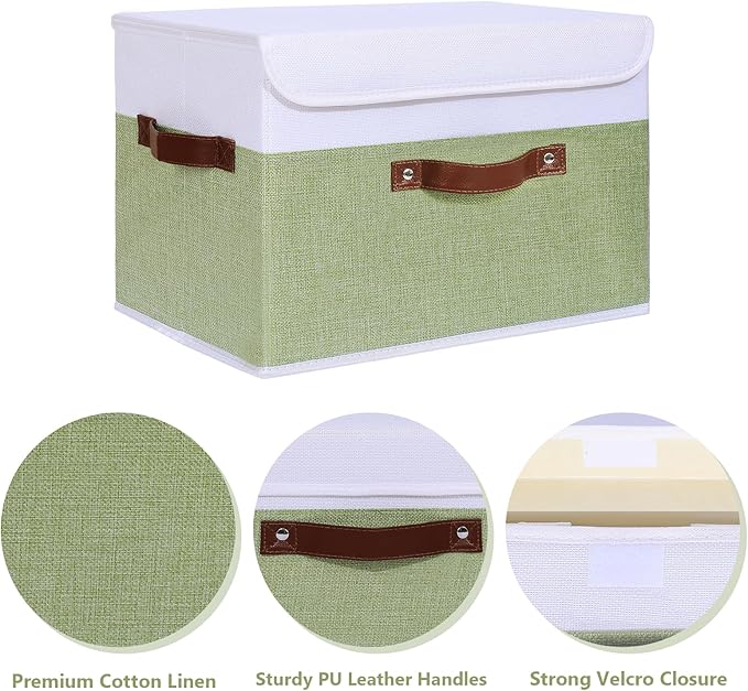 ANMINY 4PCS Storage Boxes with Lid Washable Decorative Storage Bins Basket with PU Leather Handle Foldable Linen Fabric Storage Cubes Containers for Home Closet Organizer - Green White, Large Size-NeatNest