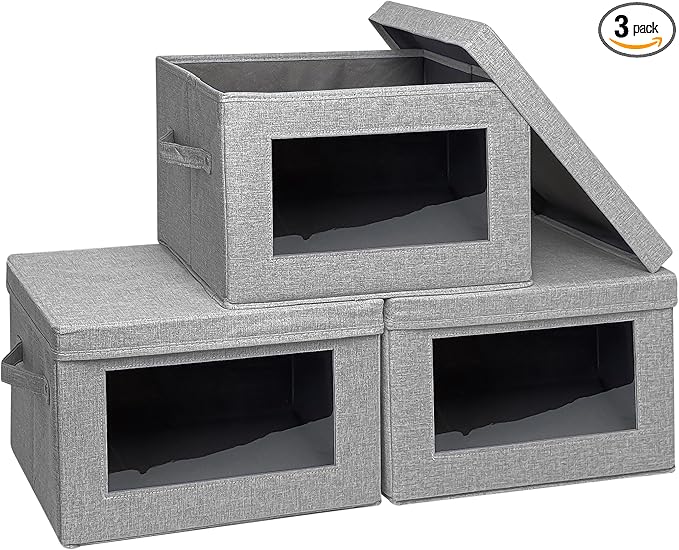 3-Pack Fabric Storage Bins with Lids, Foldable Storage Boxes with Handles & Clear Window, Closet Organizers for Clothes, Books (Grey, 3PCS/14.9 x 9.8 x 9.8 in)-NeatNest