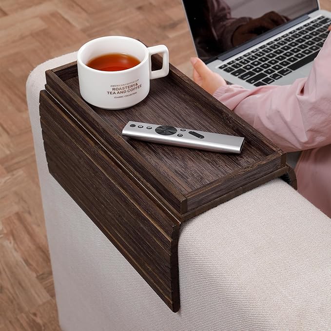 DETOR Couch Arm Tray, TV Tray with Capacious 12.4" x 5.4" Storage Box, Bamboo Grain Stained Brown Color, Enhanced Nonslip Felt Bottom, Sturdy Bamboo Slats Material | for Armrests 6" and Wider-NeatNest