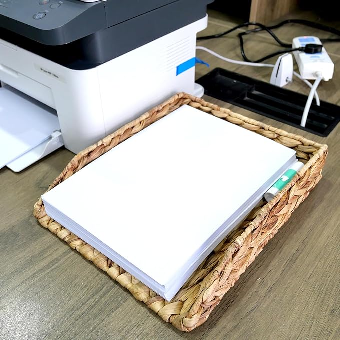 Water Hyacinth A4 Desk Paper Tray Rectangular Hand-Woven Rattan Desk Basket Document Tray Magazine Files Basket Organizer for Office Bathroom,2 Pack