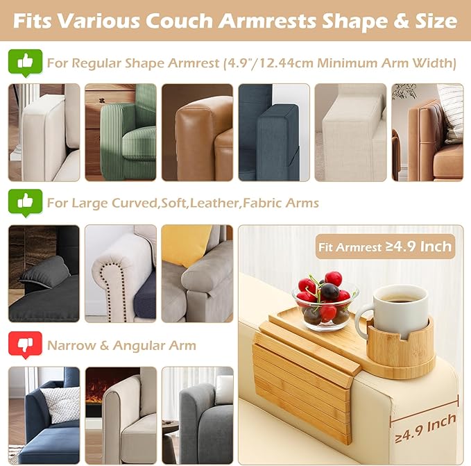 Couch Cup Holder Tray, 15.75" Bamboo Cup Holder for Couch, 3 in 1 Foldable Arm Chair Clip on Side Tray Table for Remote Snack Table on Armrest-NeatNest