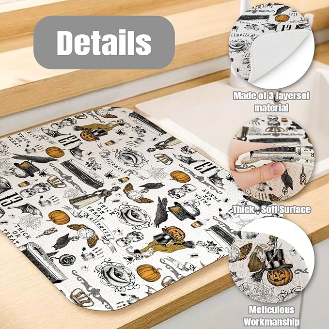 Dish Drying Mat for Kitchen Counter Large 18" x 24" Vintage Halloween Absorbent Microfiber Dishes Drainer Rack Mats Pad Reusable Washable