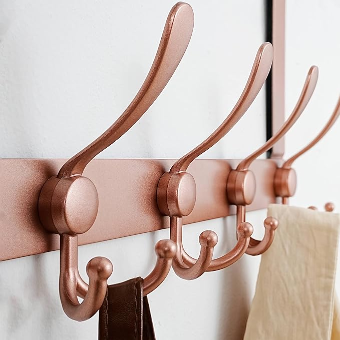 Dseap Over The Door Hook Hanger - 5 Tri Hooks, Heavy Duty Over The Door Towel Rack Coat Rack for Clothes Hat Towel, Rose Gold
