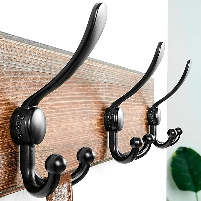 Dseap Coat Rack Wall Mounted - 5 Tri Hooks, Heavy Duty, Wooden Wall Coat Hanger Coat Hook for Clothes Hat Jacket Clothing, Natural & Black