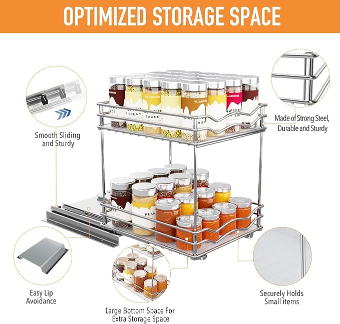 BBV Spice Rack Organizer, Double layer Seasoning Organizer for Cabinet Countertop, Kitchen, Pantry, Sliding Metal Chrome Spice Organization (9 inch)-NeatNest