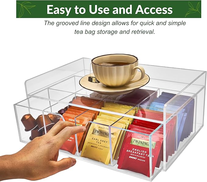 Acrylic Tea Station Organizer for Countertop - Tea Bag Organizer Drawer, Clear Lucite K Cup and Coffee Pod Storage box with 8 Compartments, Tea Caddy Creamer Holder Display Stand-NeatNest